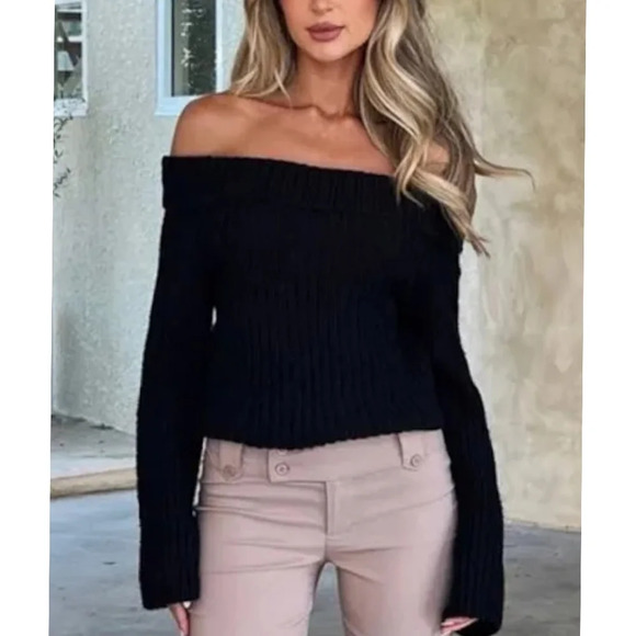 Tiger Mist Sweaters - Tiger Mist Black Ashlyn Off The Shoulder Jumper (Sweater) Size XL